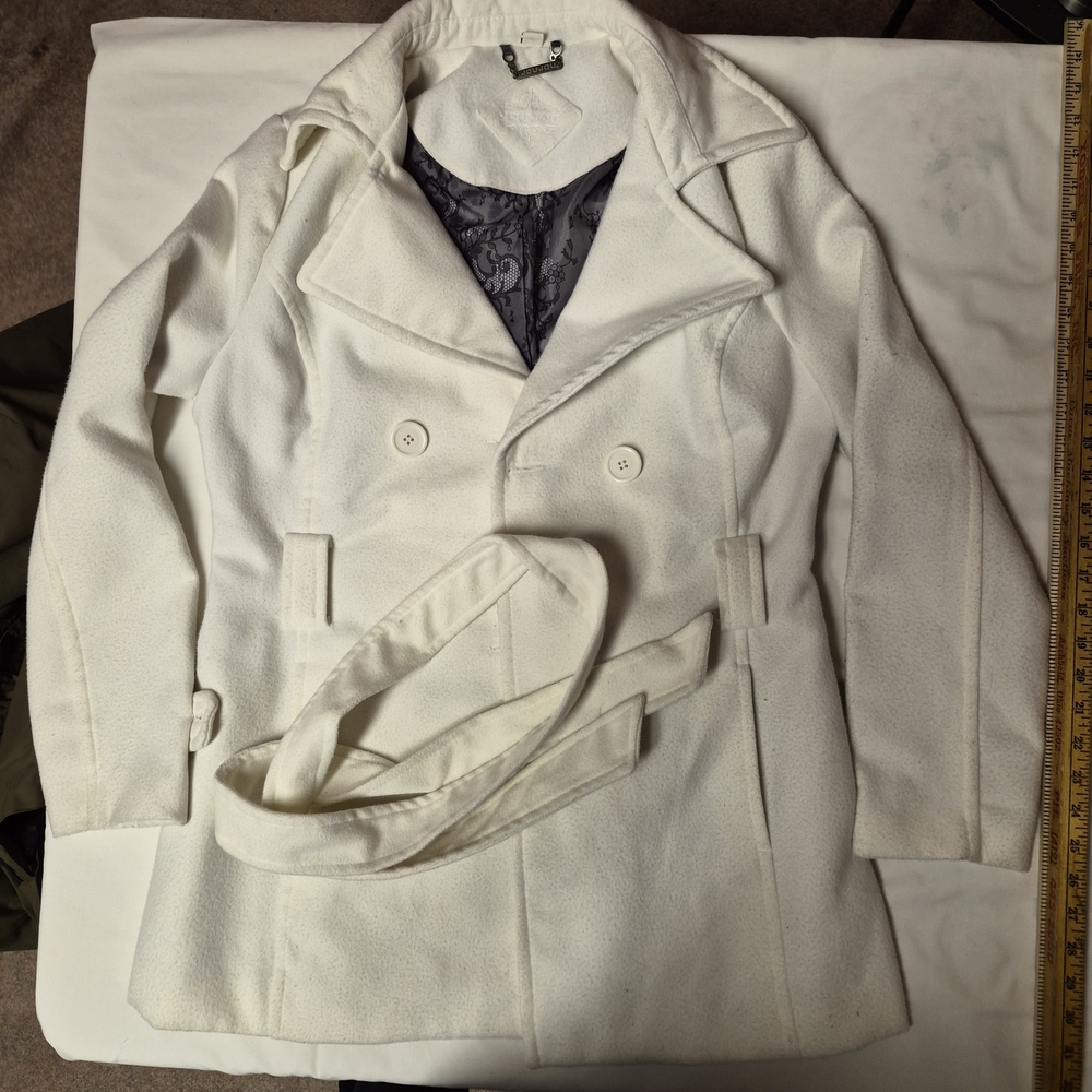 Joujou White‎ Double Breasted Wool Blend Peacoat Jacket Belted Lace Lining Large